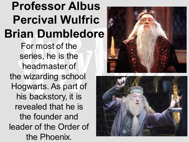 Professor Albus Percival Wulfric Brian Dumbledore   For most of the series, he